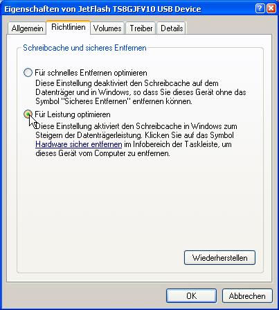 Eigenschaften von USB-Stick - Für Leistung optimieren Eigenschaften von USB-Stick - Für Leistung optimieren