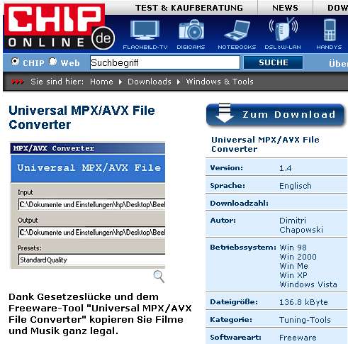 Vorsicht, zweifelhafter Download-Tipp von Chip.de! - Copyright Chip.de