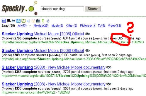 Slacker Uprsing, der neue Michael-Moore-Film, in der Torrent-Suche Speckly