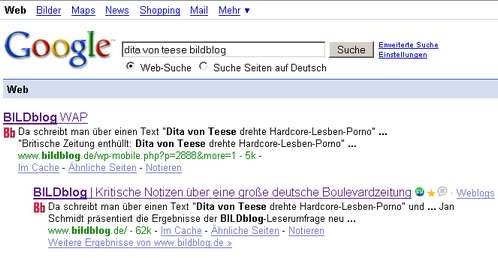 Suchergebnis Google für Dita Von Teese und Bildblog - nur die WAP-Variante taucht auf