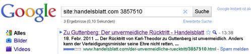 Das Handelsblatt hatte Guttenberg schon zurückgetreten... Handelsblatt im Google-Cache