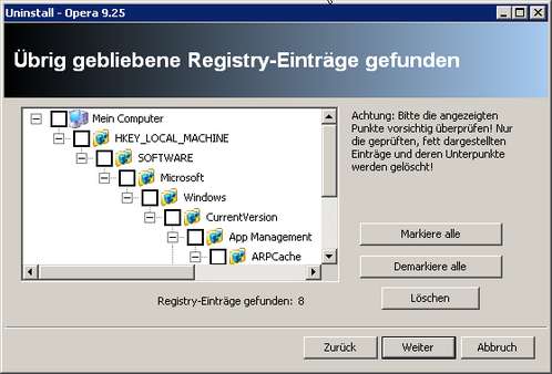 Revo Uninstaller - verwaiste Registry-Einträge nach Opera-Deinstallationsroutine