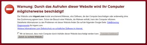 Trigami-Warnhinweis in Google Chrome - Warnung: Durch das Aufrufen dieser Website wird Ihr Computer möglicherweise beschädigt!