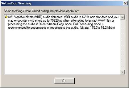 VirtualDub-Warnung: 