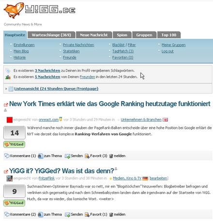 Alter Falter! Mein Artikel steht tatsächlich auf der Startseite von YiGG!