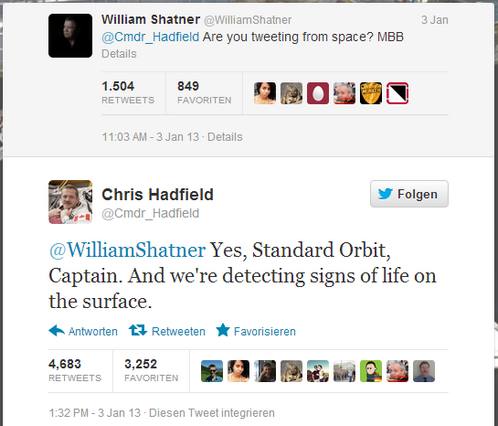 Wir nehmen Lebenszeichen an der Oberfläche wahr Captain Kirk twittert