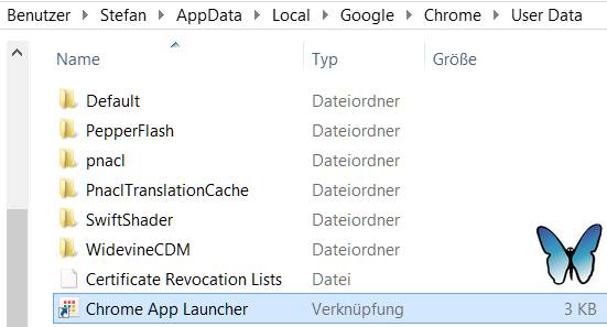 Pfad zur Verknüpfung vom Chrome App Launcher: Benutzer > Benutzername > AppData > Local > Google > Chrome > User Data