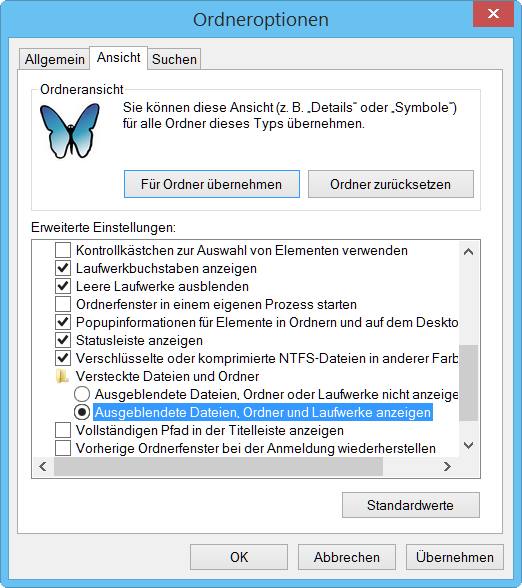Ausgeblendete Dateien, Ordner und Laufwerke anzeigen